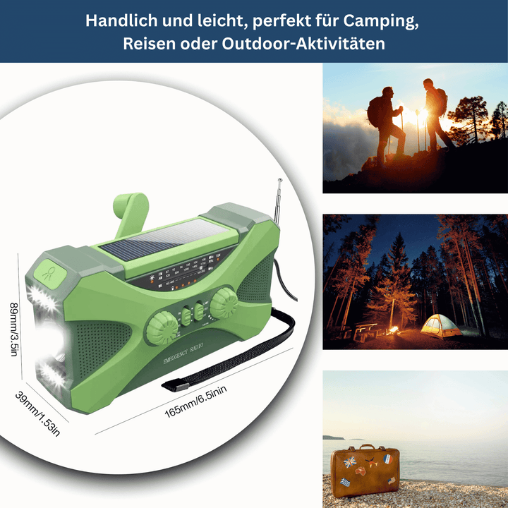 LED flashlight illuminating a dark camp, integrated into the 10,000mAh solar & hand crank emergency radio