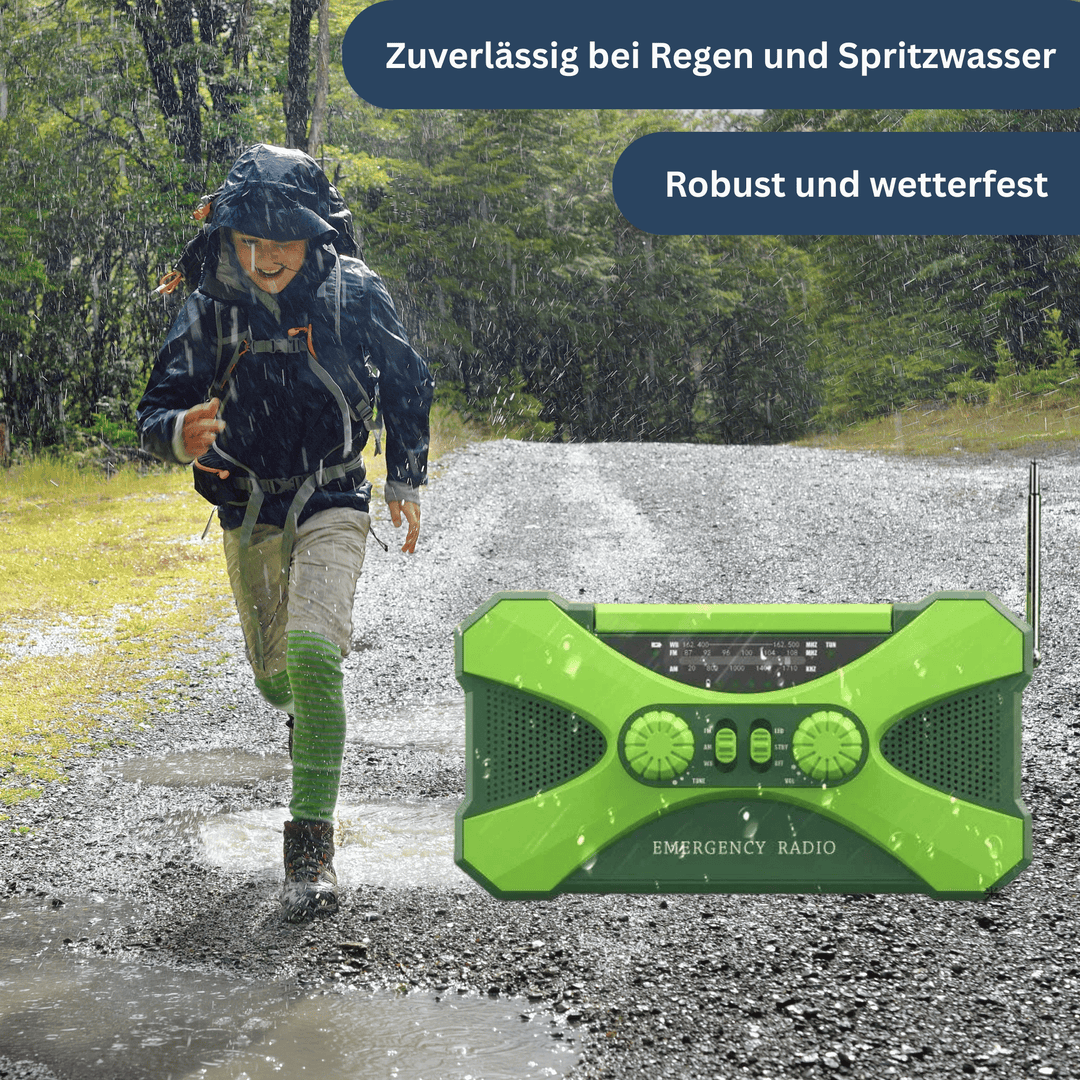 Emergency power radio with SOS alarm activated, a critical tool for disaster preparedness and outdoor safety