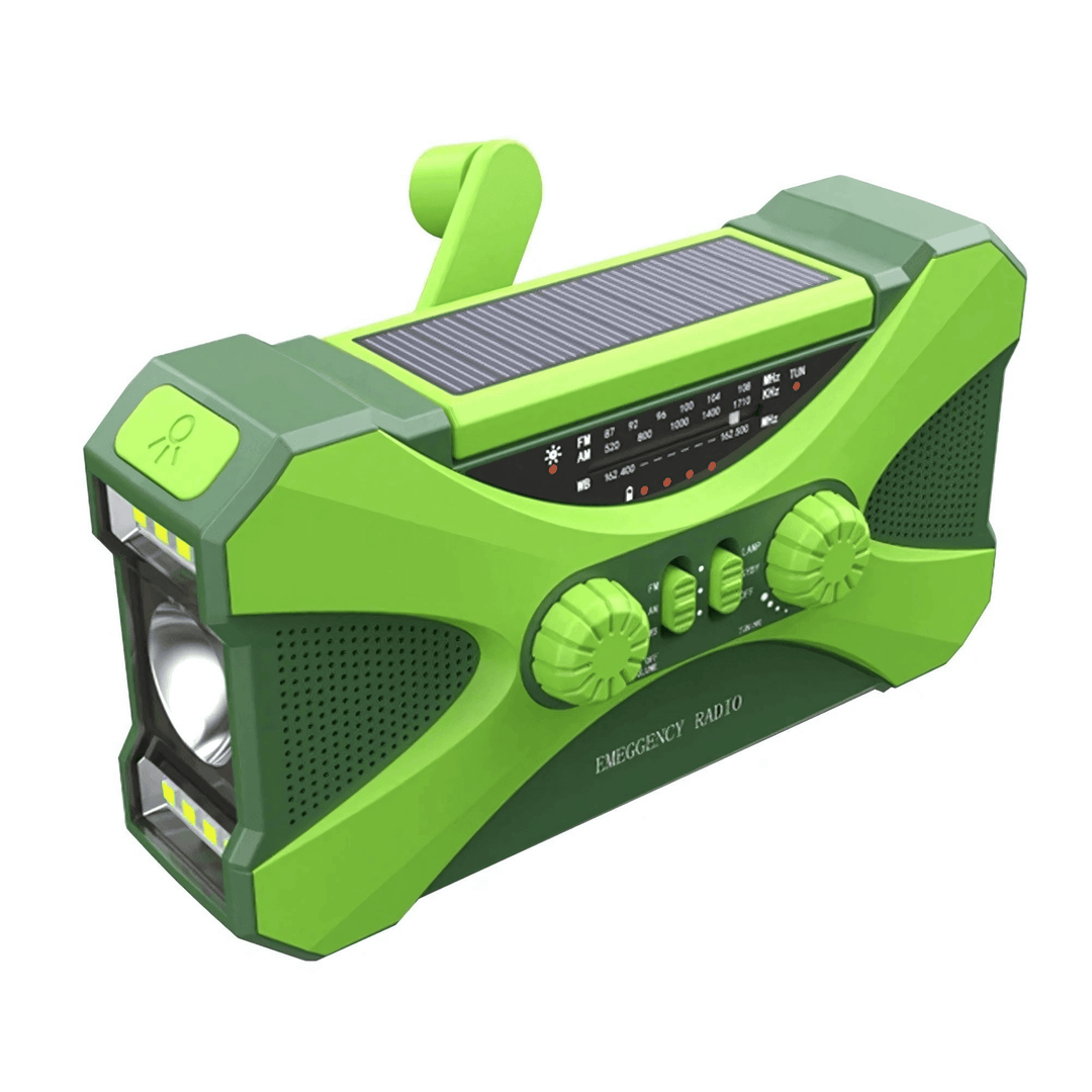 Rugged emergency radio, 10,000mAh solar & hand crank, displayed with other survival kit components