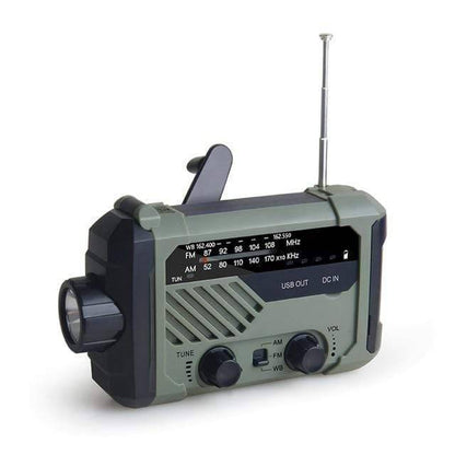 Emergency solar hand crank radio with flashlight and power bank for survival gear.