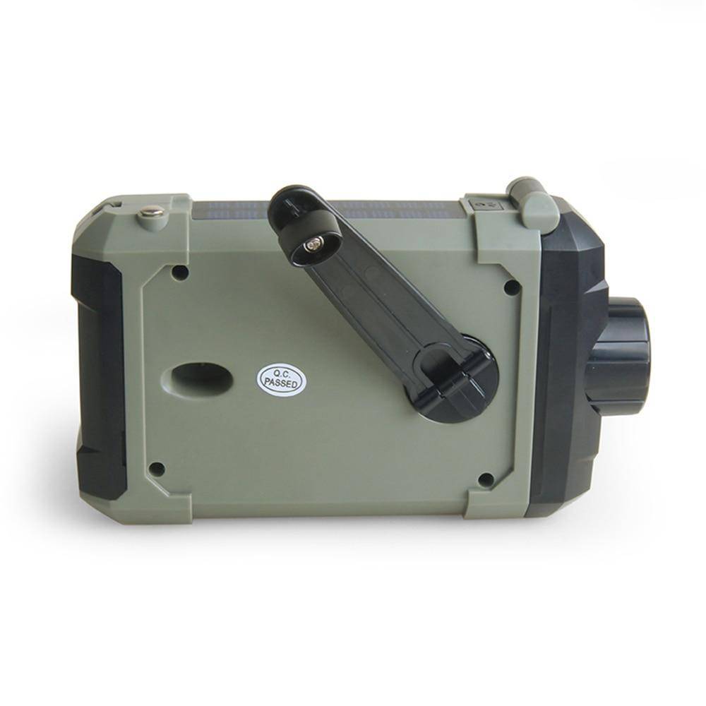 Emergency weather alert radio, ideal for survival kits, with solar and hand crank charging.