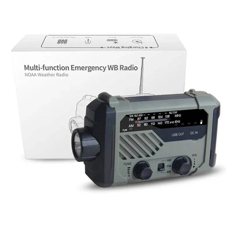 Versatile emergency radio, solar, hand crank, flashlight, and power bank for outdoor use.