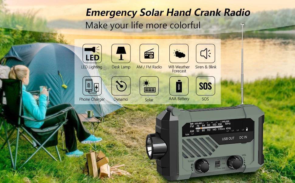 Compact emergency radio, solar powered, with hand crank and built-in LED flashlight.
