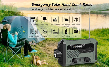 Compact emergency radio, solar powered, with hand crank and built-in LED flashlight.