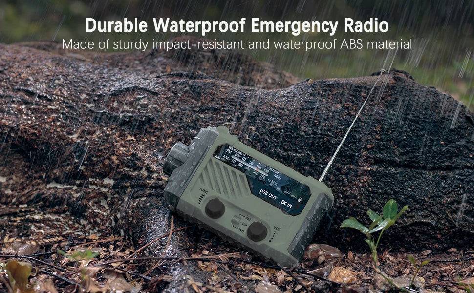 Portable camping radio with solar panel, hand crank, bright flashlight, and phone charger.
