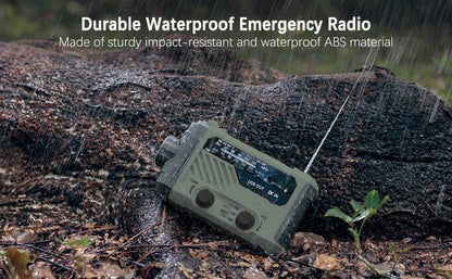 Portable camping radio with solar panel, hand crank, bright flashlight, and phone charger.
