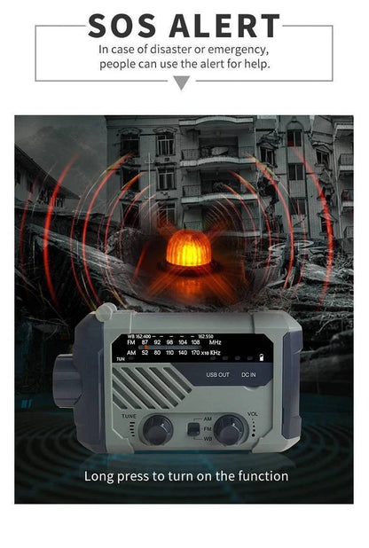 Survival gear emergency radio with multiple power options: solar, hand crank, and battery.