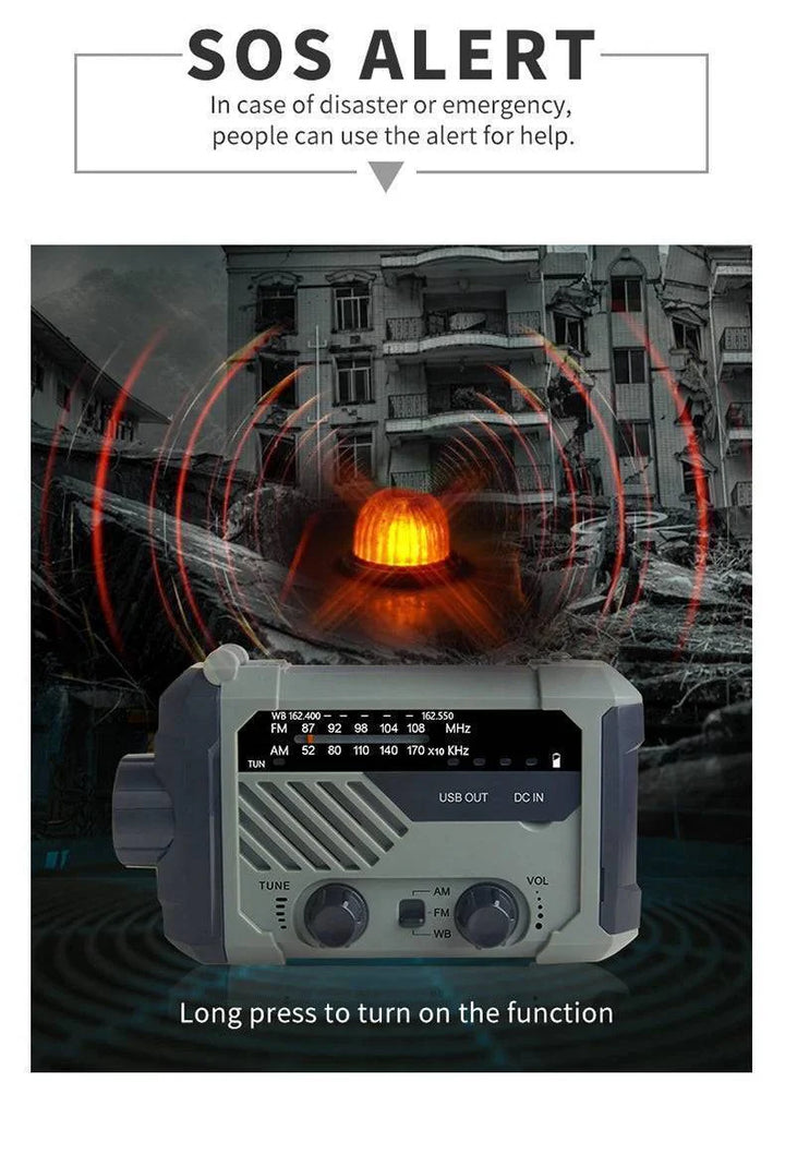 Survival gear emergency radio with multiple power options: solar, hand crank, and battery.