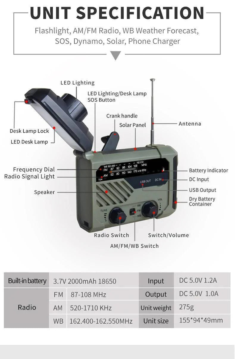 Hand crank survival radio with AM/FM/NOAA weather and integrated solar panel for charging.