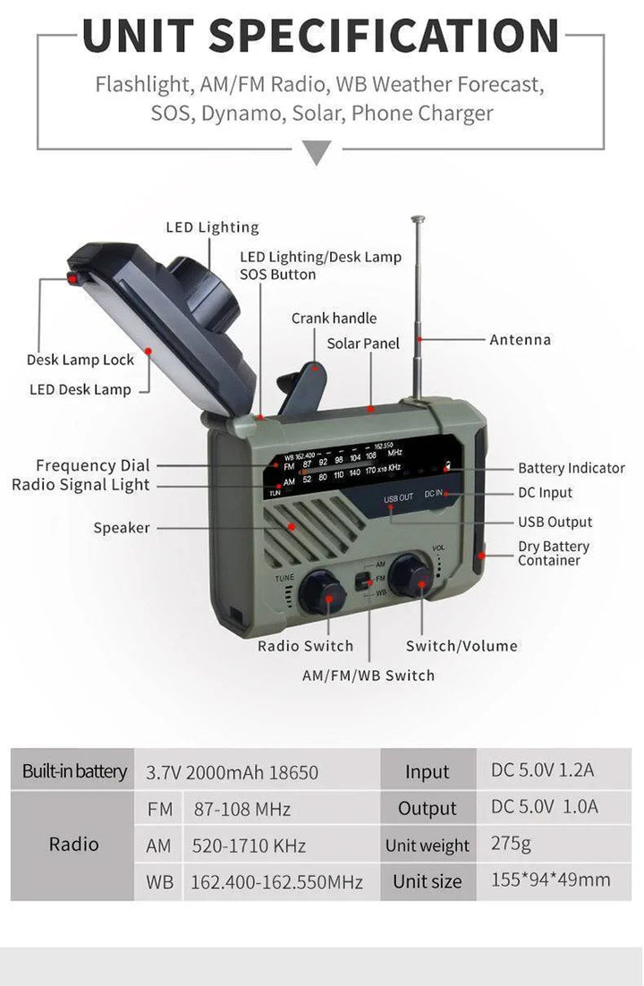 Hand crank survival radio with AM/FM/NOAA weather and integrated solar panel for charging.