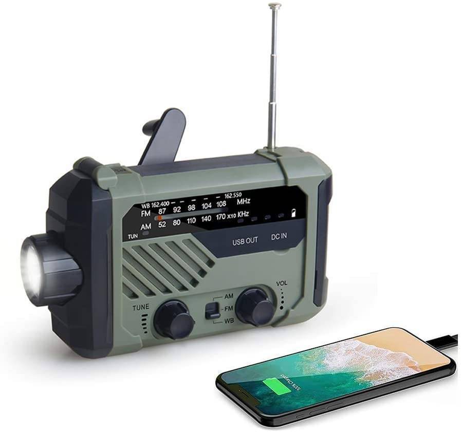 Essential emergency radio for camping, featuring solar, hand crank, and flashlight combo.