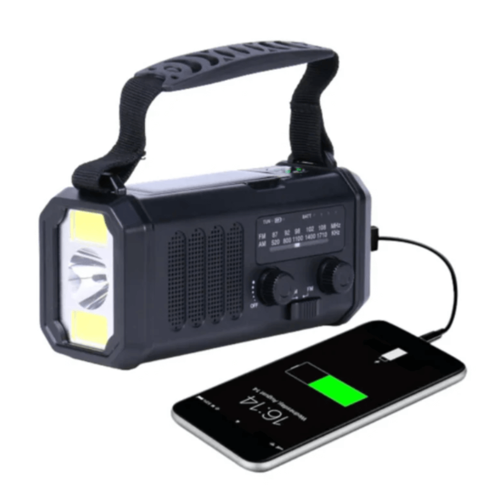 Portable wind-up emergency radio featuring a 10000mAh power bank and NOAA weather alerts for outdoor use.