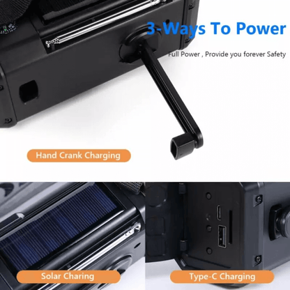 Multi-functional emergency radio/power bank 10000mAh, ideal for camping and outdoor equipment.