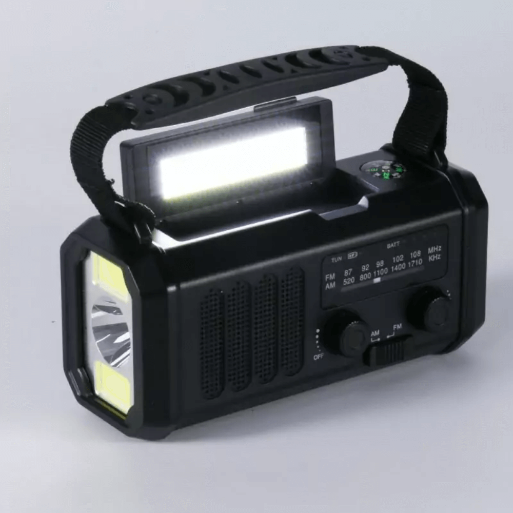 All-in-one emergency radio, solar charger, and 10000mAh power bank for critical weather alerts.