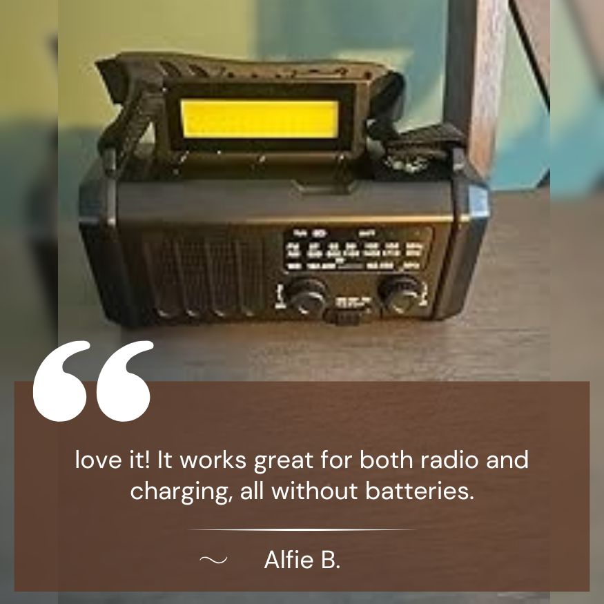 Camping essential: Emergency radio with 10000mAh power bank, solar charging, and weather alert function.