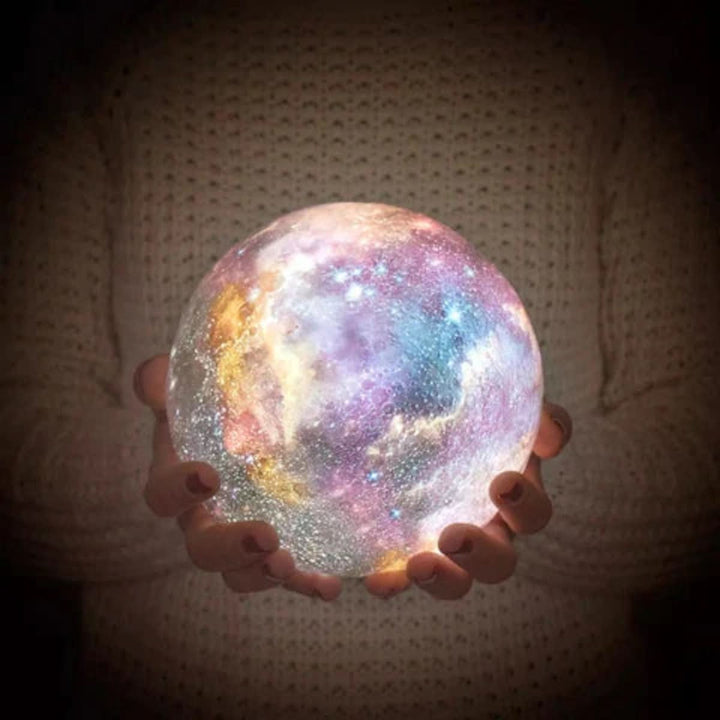 Glowing 3D Moon Lamp, a beautiful celestial LED light with color-changing effects & elegant wooden base.