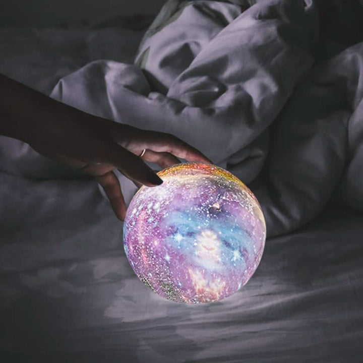 Bedroom moon lamp, a stunning 3D LED night light with 16 color choices & a sleek wooden stand. Great gift.