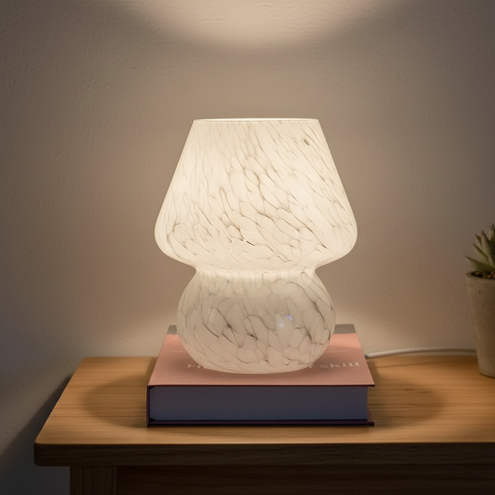 Enchanting glass mushroom table lamp, perfect for cozy home decor & accent lighting.