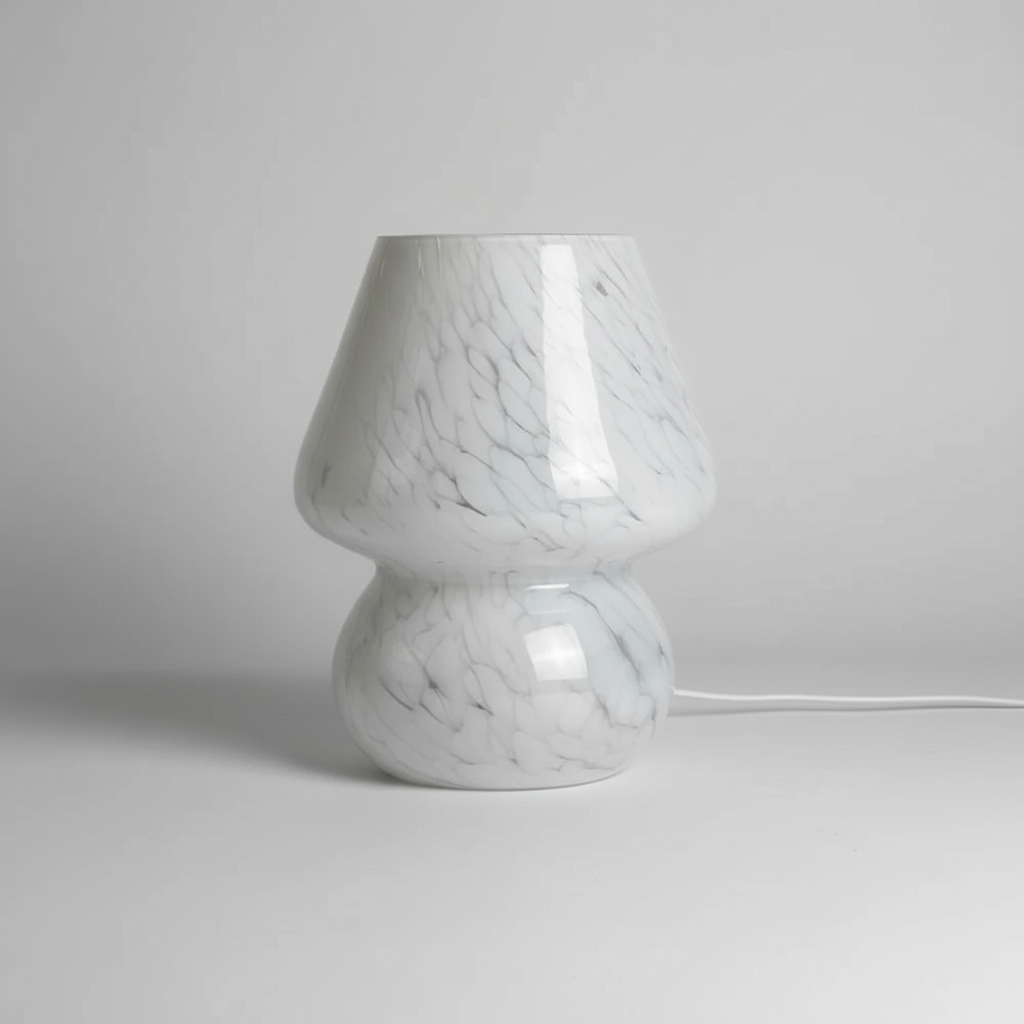 Unique AuraShroom glass mushroom lamp, providing warm mood lighting for any room.