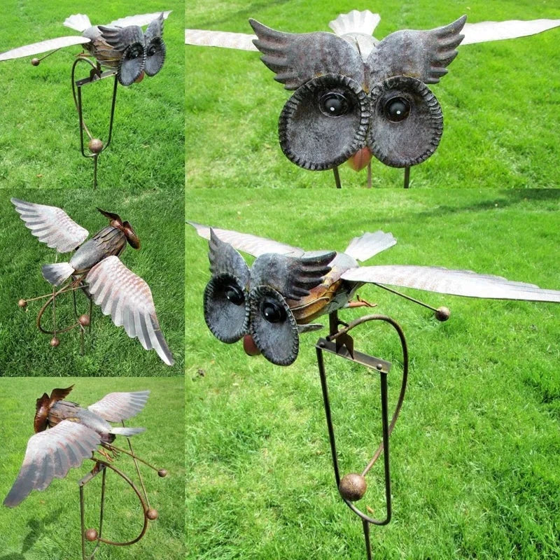Enchanting kinetic bird wind spinner, metal garden art, dynamic wildlife outdoor patio decor.