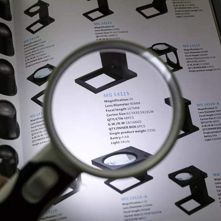 Compact & portable 20X LED magnifier, ideal for on-the-go reading and hobby tasks.