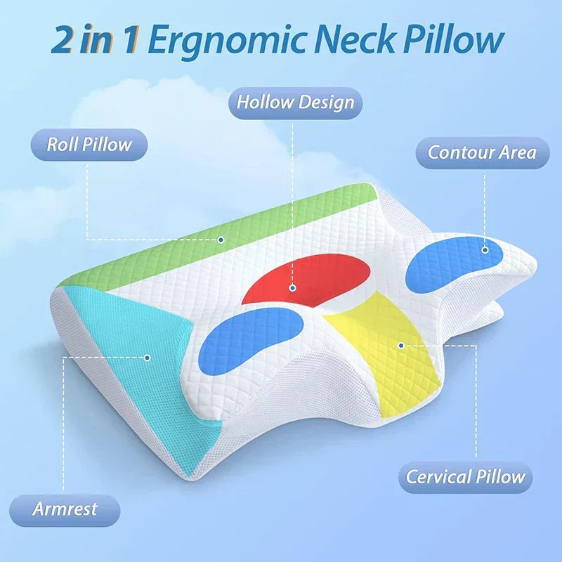 Contoured ergonomic memory foam pillow for neck pain relief, cervical support, and comfortable sleep aid.