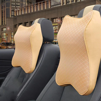 Memory foam car headrest cushion providing ergonomic neck support & pain relief, enhancing driving comfort.