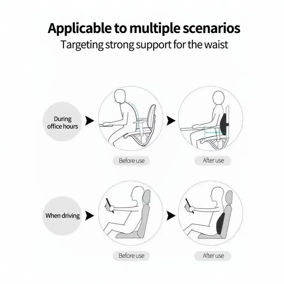 Portable memory foam lumbar support pillow, ideal for car seats & travel. Enhances posture, reduces pain.