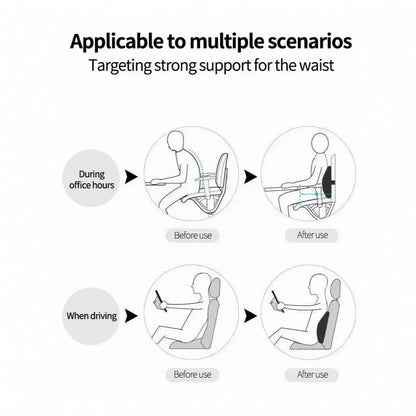 Portable memory foam lumbar support pillow, ideal for car seats & travel. Enhances posture, reduces pain.