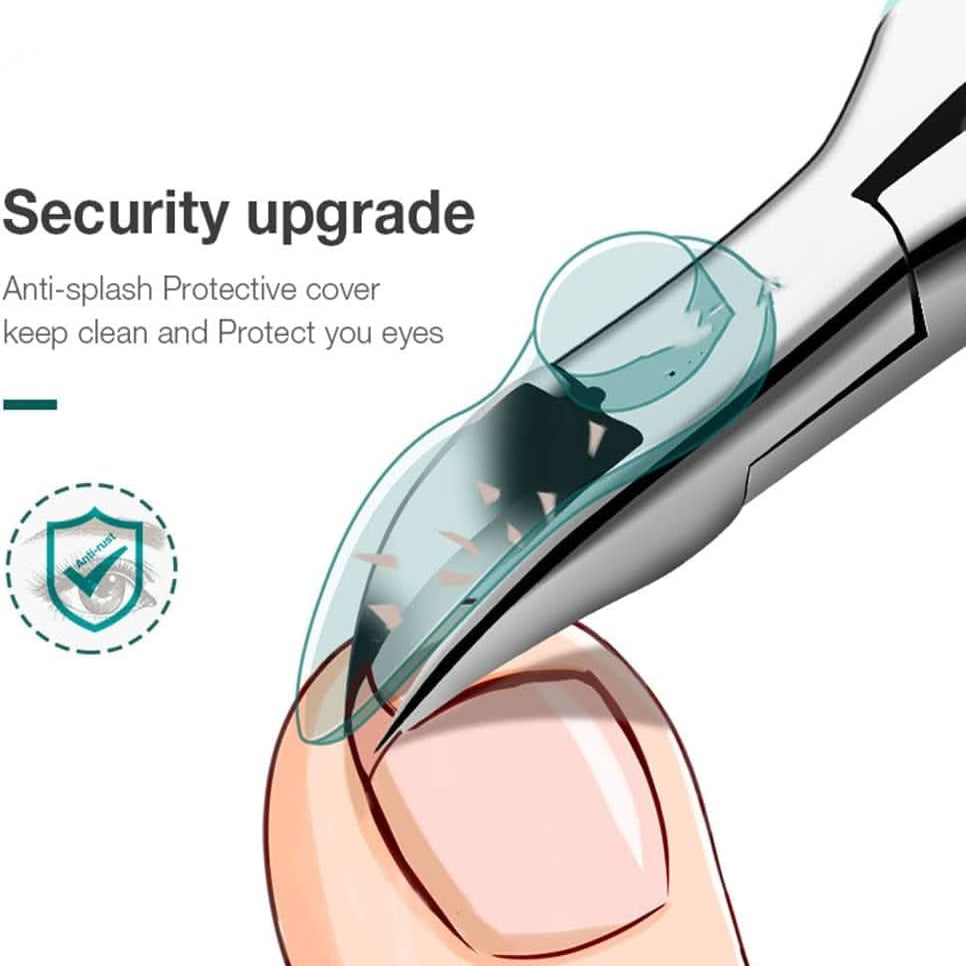 Precision ergonomic toenail clipper with anti-splash design, ideal for seniors and thick nail grooming.