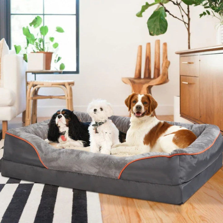 Extra-large orthopedic memory foam dog bed providing comfort & support for large pets. Washable pet furniture.