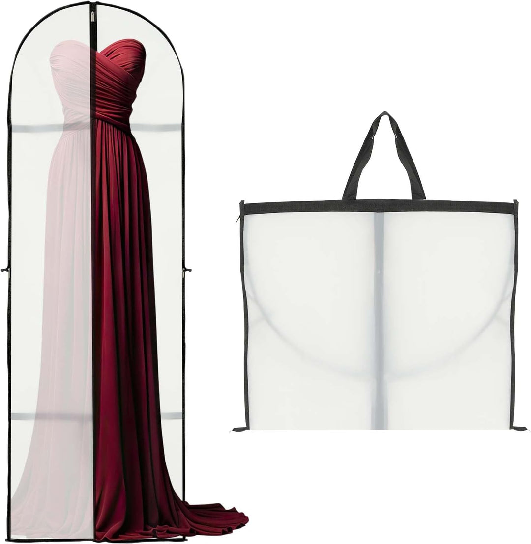 Extra-long garment bags (2-pack) for protective storage & closet organization of dresses, suits, and gowns.