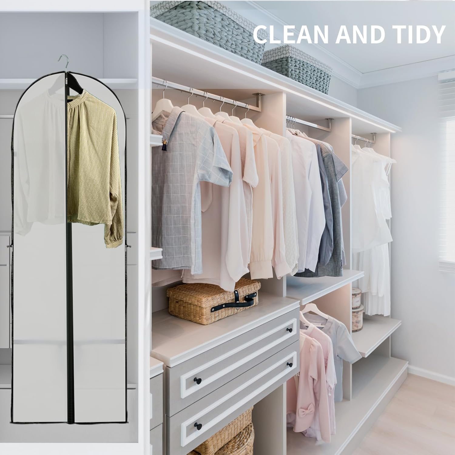 Breathable non-woven garment protector (2-pack) for storing & transporting suits, dresses & long coats.