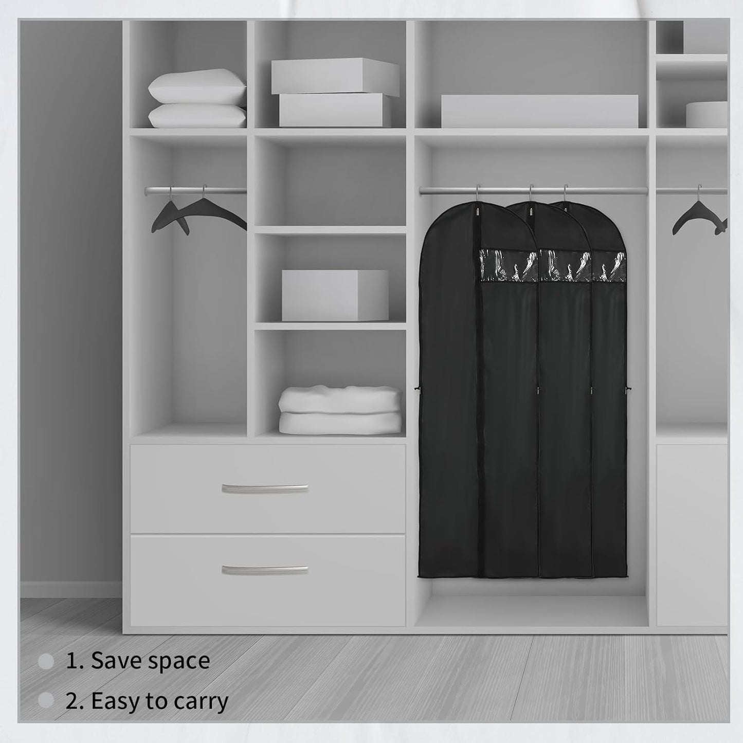 Durable extra-long garment travel bag (2-pack) for wrinkle-free storage & organization of coats & dresses.