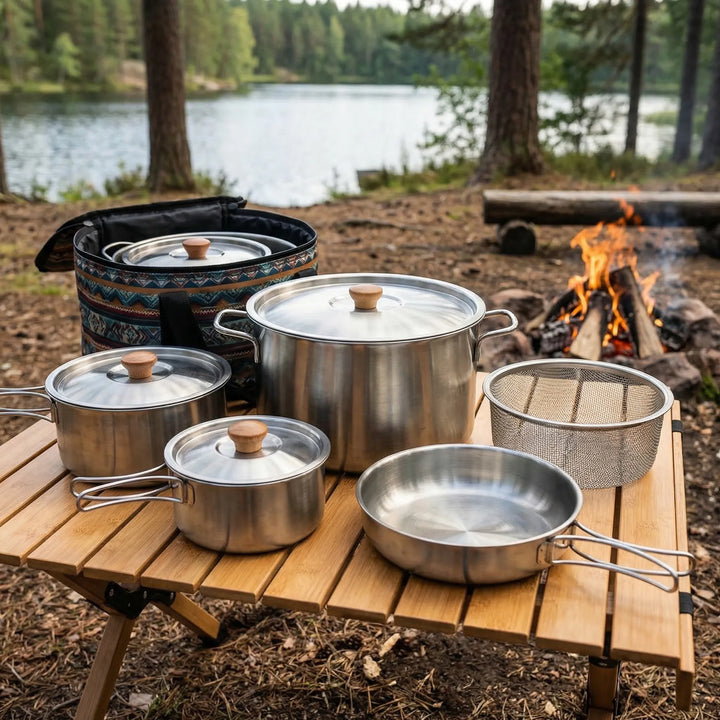 Family outdoor cookware set, compact stainless steel camping pots for adventure cooking & picnics.