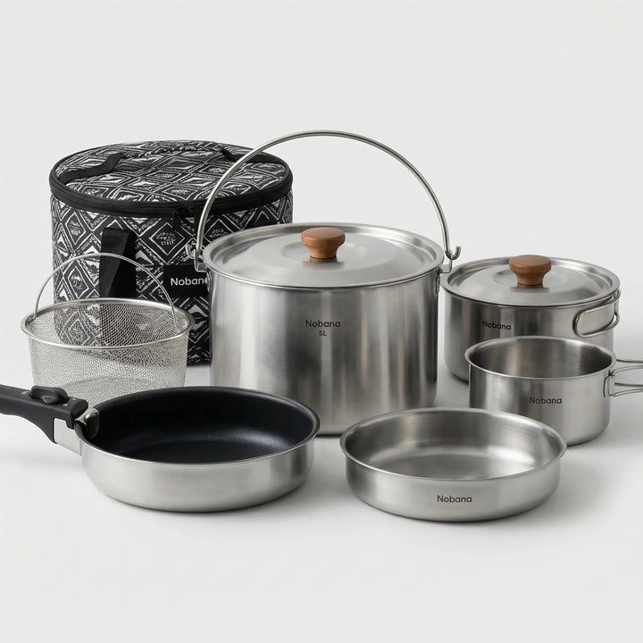 Portable camping pot set, lightweight stainless steel cookware for family camping & hiking adventures.