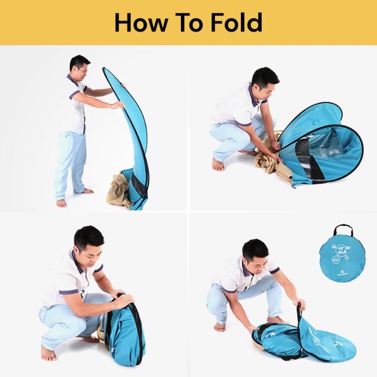 Folded family pop-up beach tent in carry bag, grey, ready for transport to beach or park