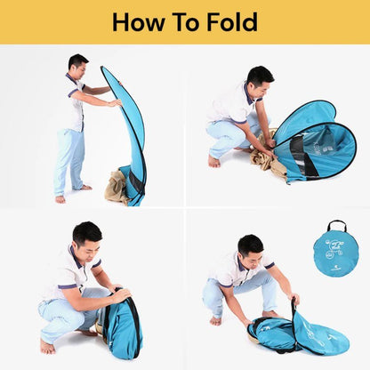 Folded family pop-up beach tent in carry bag, grey, ready for transport to beach or park