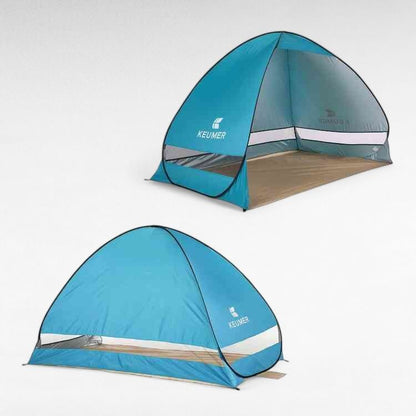 Detail of family pop-up beach tent's mesh window for ventilation, offering sun & wind protection