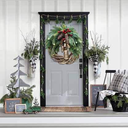 Festive holiday wreath, a rustic farmhouse Christmas door decor piece with winter greens, perfect for seasonal boho styling.
