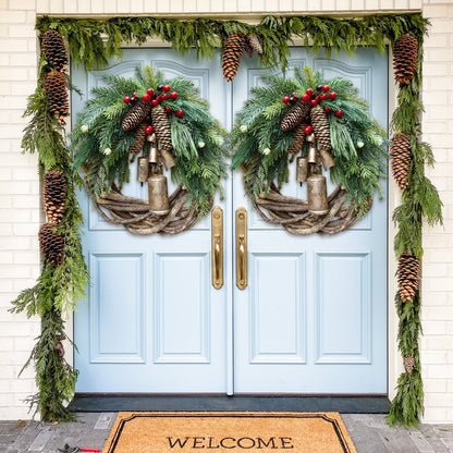 Artificial farmhouse Christmas wreath, rustic boho winter greens door decor for a festive and lasting holiday seasonal display.