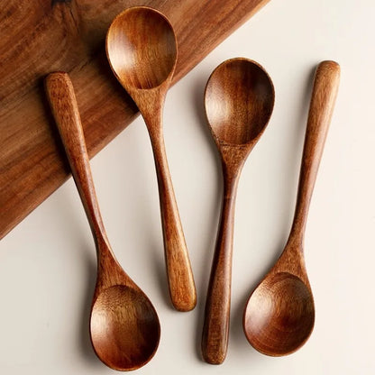 Close-up of smooth natural wood grain on a farmhouse kitchen spoon. Durable & eco-friendly cooking utensil.