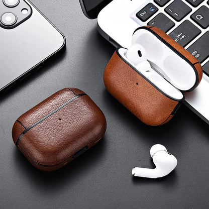 Faux leather protective case for wireless earbud chargers, durable and stylish tech accessory.