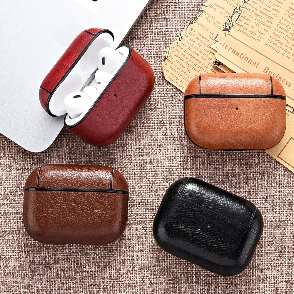 Unisex faux leather earbud case for wireless chargers, a sleek protective tech accessory.