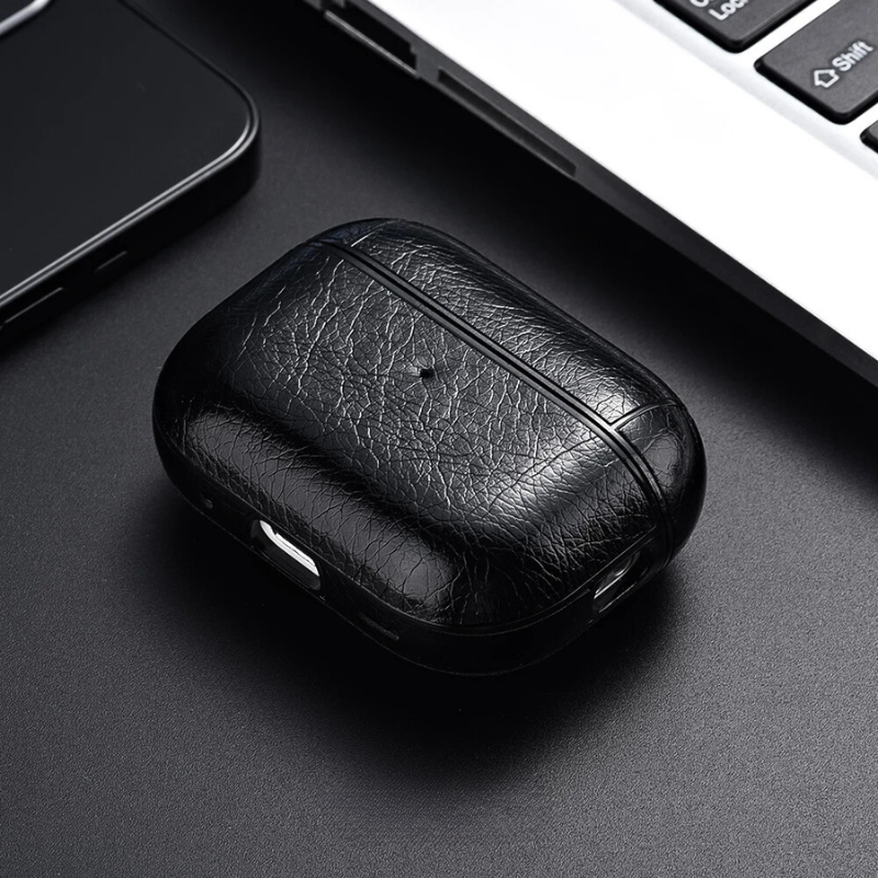 Premium faux leather tech accessory, a protective cover for wireless earbud charging cases.