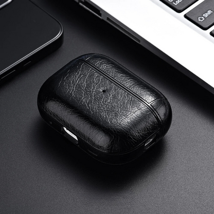 Premium faux leather tech accessory, a protective cover for wireless earbud charging cases.