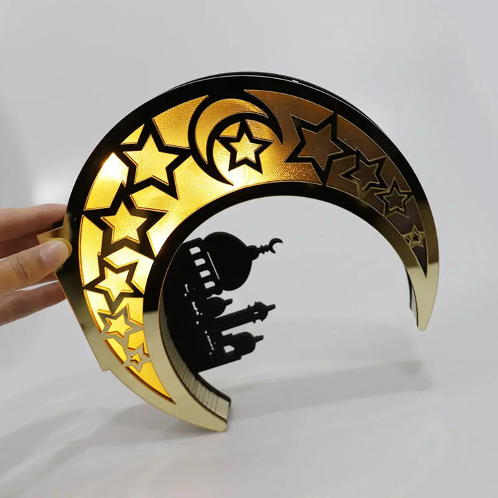 Festive Moon-shaped LED Lamp for Eid & Ramadan. Perfect decorative lighting for celebrations and home decor.