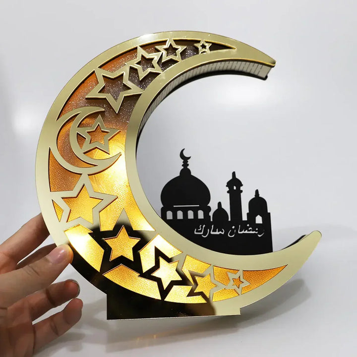 Moon-shaped LED table lamp, a charming accent for festive occasions, Eid decor, and everyday home lighting.