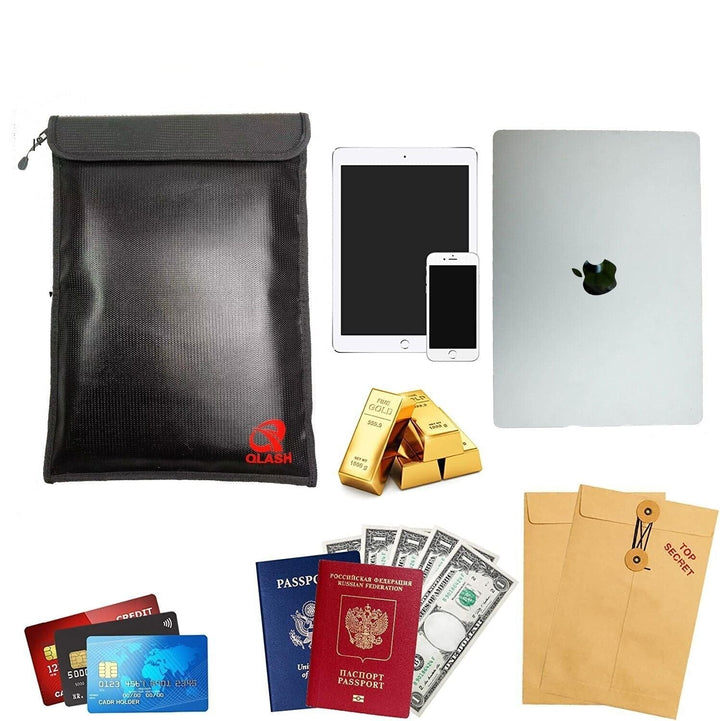 Waterproof fireproof document money safe bag, black, with a robust protective closure