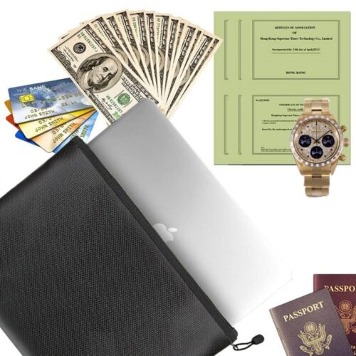 Black fireproof storage bag, water-resistant, protecting valuable documents from fire & water damage